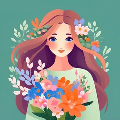 girl spring. illustration in flat style. flowers.