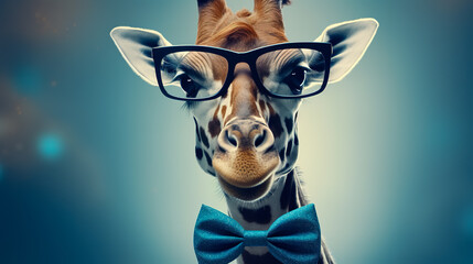 Image of giraffe wearing glasses and blue bow tie.