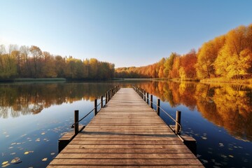 Autumn scenery with wooden pier on lake. Generative AI - obrazy, fototapety, plakaty