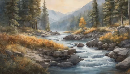 Poster mountain river and forest. watercolor painting illustration mountain river and forest. watercolor painting illustration beautiful river in the mountains © Shubham