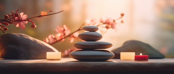 Obraz na płótnie Canvas Minimalist tranquil meditation Zen garden with candles and stacked rock balancing stones art. 
