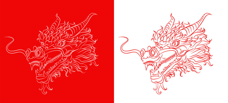 Set of 2 posters with linear chinese dragon head as symbol of 2024 lunar new year. Outline red dragon silhouettes in asian style on white and red background