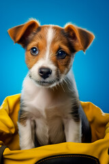 Jack Russell Terrier puppy sitting in blue and yellow bag.