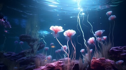 A serene, underwater world with Echinacea blossoms that appear to float like ethereal jellyfish,...