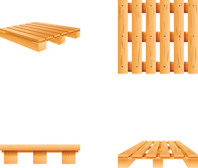 Wooden pallet icons set cartoon vector. Wood tray for cargo transportation. Warehousing equipment