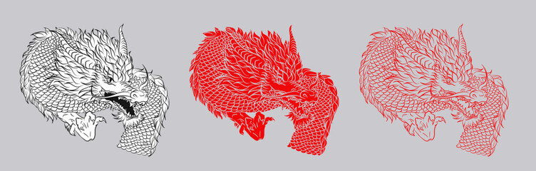 Black and white ink, red solid and sketchy outline dragons in asian style. Dragon as 2024 Lunar New year symbol. Chinese mythology animal tattoo concept