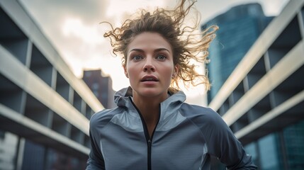 Fototapeta premium Mid adult woman is jogging outside