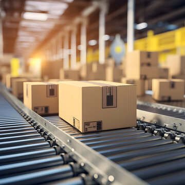 Closeup of multiple cardboard box packages seamlessly moving along a conveyor belt in a warehouse fulfillment center, a snapshot of e-commerce, delivery, automation and products
