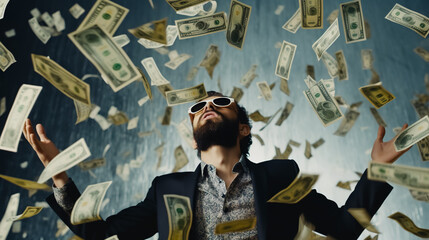 Man with beard and throwing money into the air while she is surrounded by money.