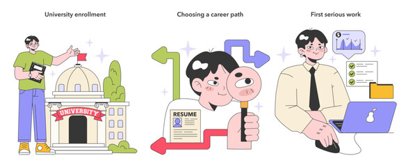 Youth and adulthood years set. Life milestones. Young male character getting old and gain new experience. Flat vector illustration