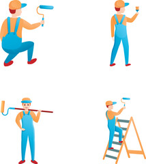 House painter icons set cartoon vector. Repairman during painting work. Painting service, interior and exterior restoration