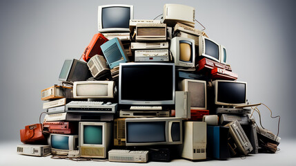 Pile of old computers and televisions stacked on top of each other.