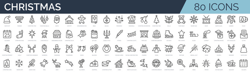Obrazy na Plexi  Set of 80 outline icons related to christmas. Linear icon collection. Editable stroke. Vector illustration