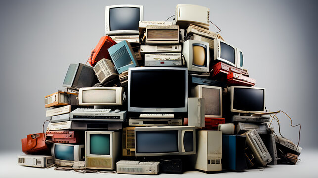 Pile of old computers and televisions stacked on top of each other.