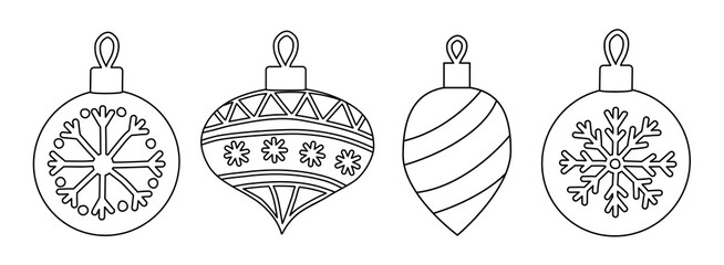 Christmas tree decoration toys set, doodle style flat vector outline for coloring book - obrazy, fototapety, plakaty