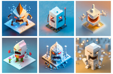 A set of AI generated isometric cartoon characters / monsters in an angry and unhappy mood. Concept of anger, depression, unhappiness, loneliness, aggression. Style of a winter wonderland.
