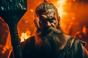 Portrait of a real bearded man with an axe. Bearded lumberjack with an ax in his hand.