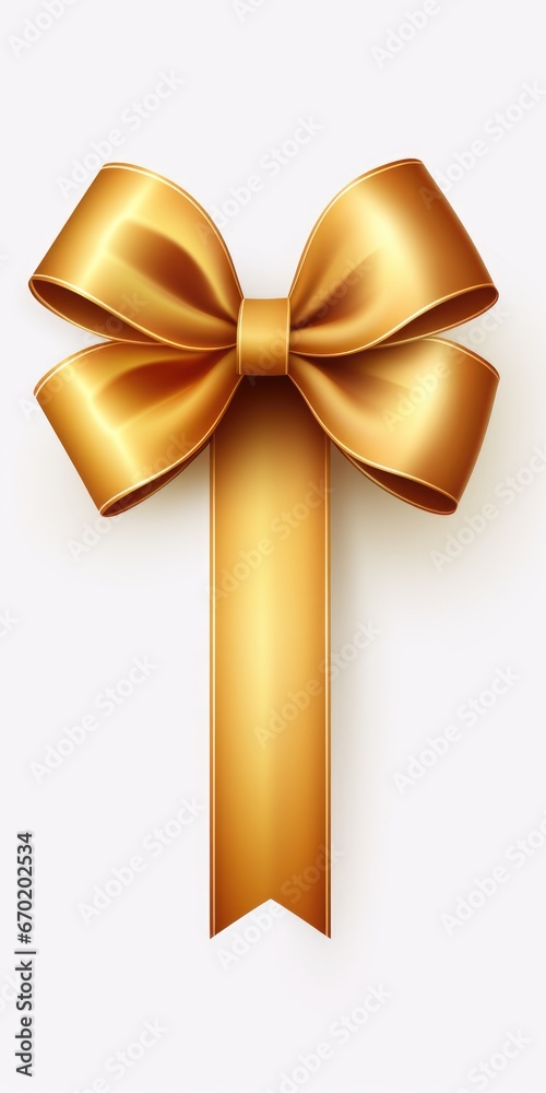Poster A simple and elegant golden bow placed on a clean white background. Perfect for adding a touch of luxury and sophistication to any project or design.