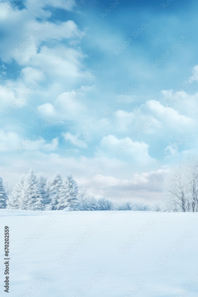 Poster a scenic view of a snow covered field with trees in the background. perfect for winter landscapes an