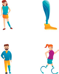 Disability icons set cartoon vector. Human with prosthesis play sport. Bionics, biomechatronics