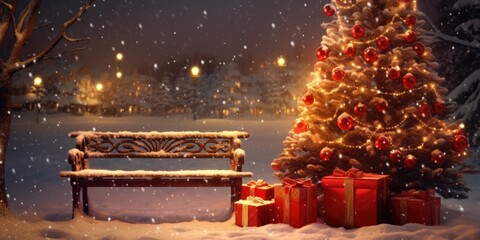 A picturesque scene of a Christmas tree and a bench covered in snow. Perfect for winter holiday designs and greeting cards.