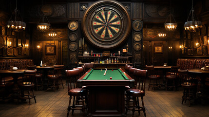 Fototapeta na wymiar A classic English pub with dark wood paneling, leather bar stools, and a traditional dartboard