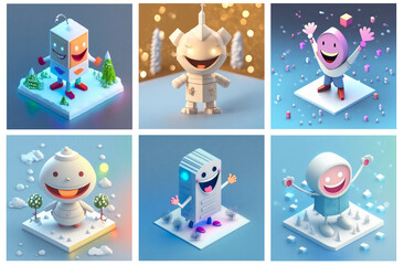 A set of AI generated isometric cartoon characters in a cheerful and happy mood. Concept of pure joy, happiness, cheering, love and strong positivity. Style of a winter wonderland.
