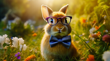 Rabbit wearing glasses and bow tie standing in field of flowers.