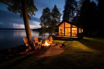 modern cabin with fire pit area on the lake. holiday getaway destination - obrazy, fototapety, plakaty