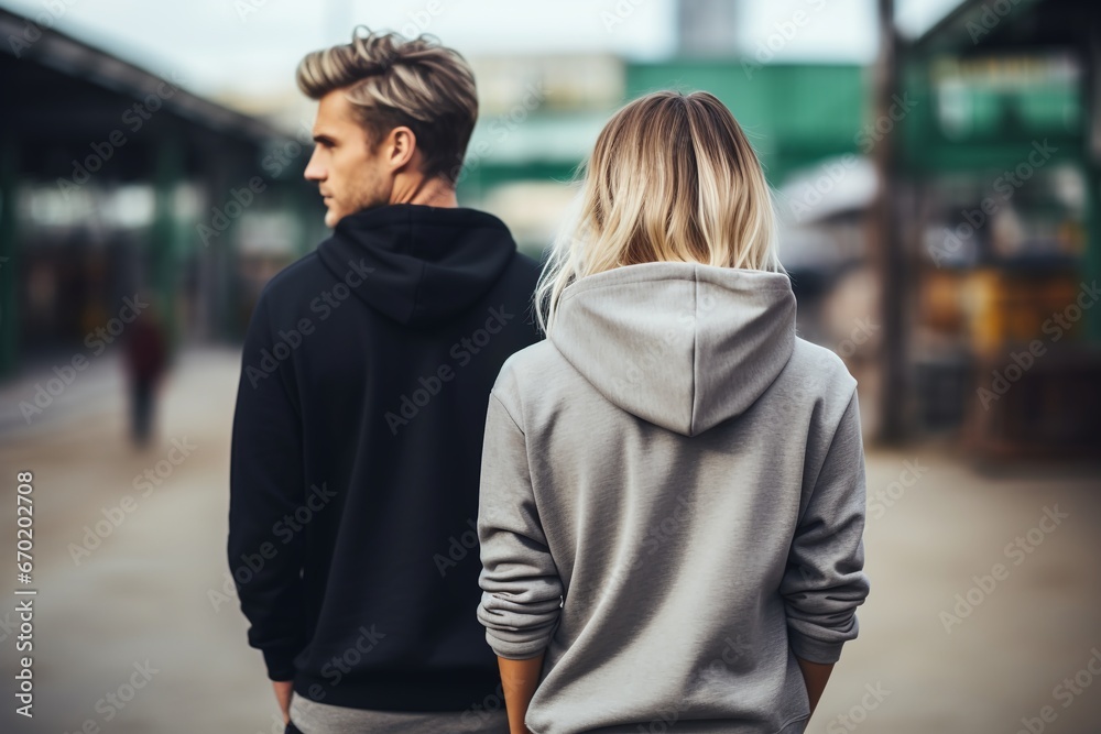 Wall mural Man and woman wearing blank gray and black hoodie