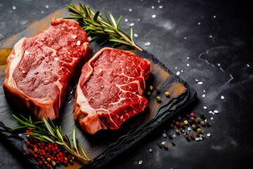 Raw organic marbled beef steaks with spices on a wooden cutting board on a black slate, stone or concrete background.