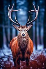 Red deer in winter forest looking to camera. wildlife, Protection of Nature.