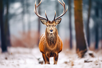Red deer in winter forest looking to camera. wildlife, Protection of Nature.