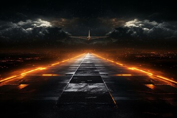 Illuminated runway under the night sky. Generative AI