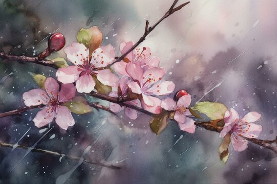 Watercolor painting of cherry blossoms in sakura after the rain. Generative AI