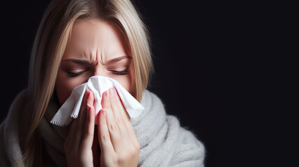  Young white woman with flu. Blowing her nose into a tissue. Concept of cold or allergy season, generative ai. - obrazy, fototapety, plakaty