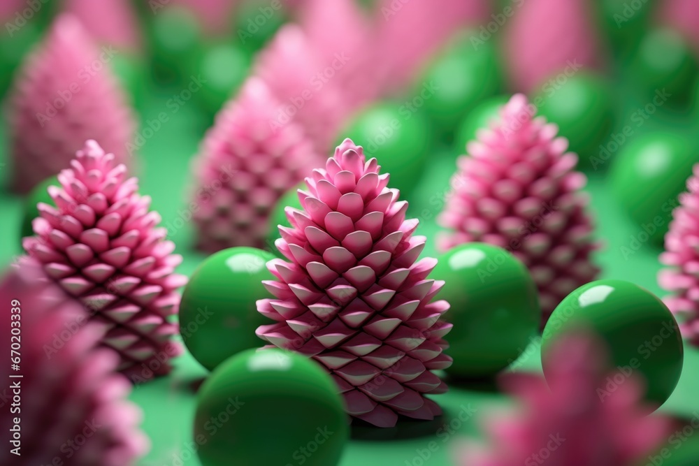 Poster a beautiful arrangement of pink flowers resting on top of green balls. perfect for adding a touch of