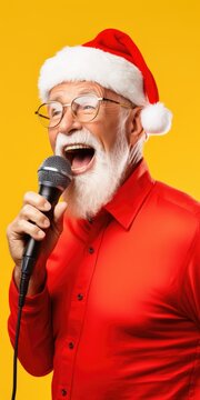 A man wearing a Santa hat is singing into a microphone. This image can be used for holiday events, Christmas parties, or music-related designs.
