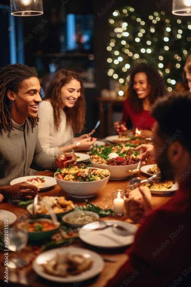 Poster A picture showing a group of people sitting around a table and enjoying a meal together. This image can be used to depict social gatherings, family dinners, or restaurant scenes.