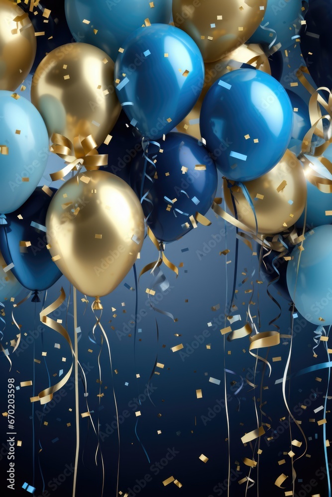 Poster a vibrant image featuring a bunch of blue and gold balloons with confetti. perfect for celebrating s