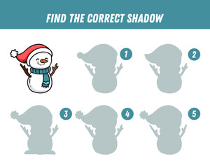 Find correct shadow of cute snowman. Educational logical game for kids. Christmas game. Cartoon snowman. Vector