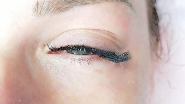 Close up of eye with eyelash extensions ,beauty salon treatment ,2d volume, 3d volume, classical lashes,Russian volume,megavolume, new set.