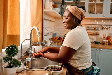 Hygiene on kitchen. Profile of plus size lady wearing headband and apron cleansing her hands in...