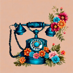 Retro Telephone with flowers, boho style. Vintage Painting.