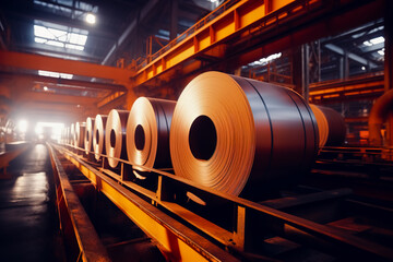 Several rolls of steel in factory with conveyor belt in the background.
