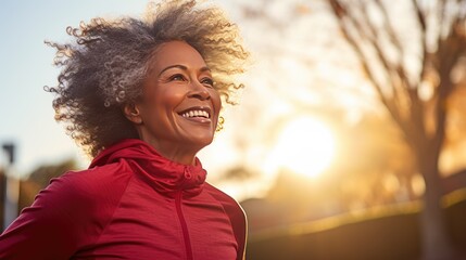 Mid adult African American woman is jogging outside
