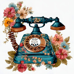 Retro Telephone with flowers, boho style. Vintage Painting.