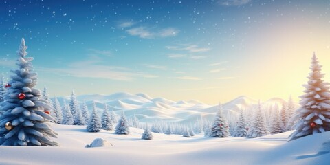 A picturesque snowy scene with a Christmas tree in the foreground. Perfect for winter holiday designs and festive decorations.