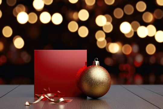 A festive red and gold Christmas ornament is placed next to a red box on a table. This image can be used to showcase holiday decorations and gift-giving themes.