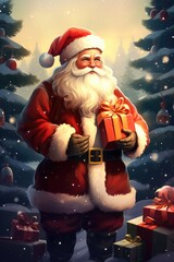 A painting of Santa Claus holding a present. Can be used for Christmas-themed designs and holiday promotions.
